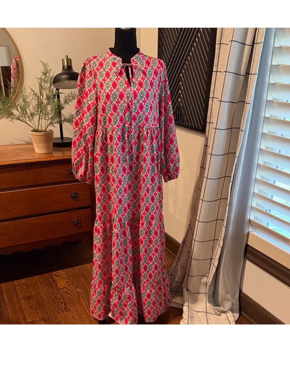 Sunday Pink and White Geometric Tiered Maxi Dress